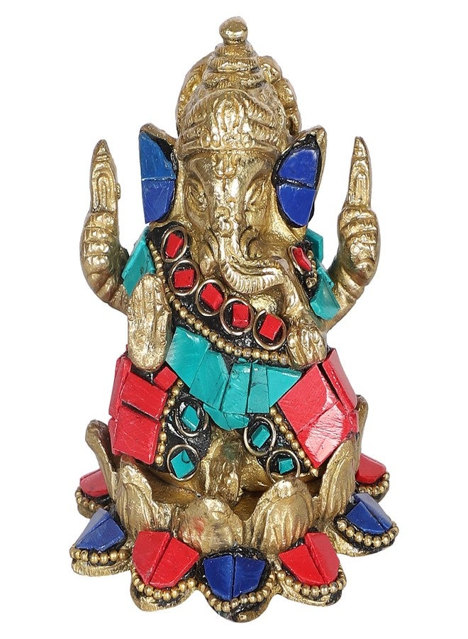 Two Moustaches Gemstone Work Brass Ganesha on Lotus Showpiece, Ganesha Idol for Home/Temple, Ganesha Idol for Pooja Room, Housewarming Gifts, Diwali Gifts, Standard, Pack of 1 - Image 1